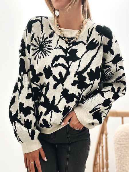 

Vacation Loosen Crew Neck Plants Sweater, Black-white, Sweaters