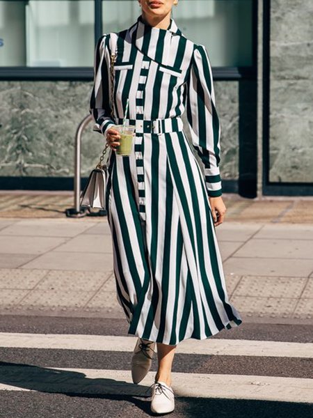 

Elegant Striped Long Sleeve Dress, As picture, Midi Dresses