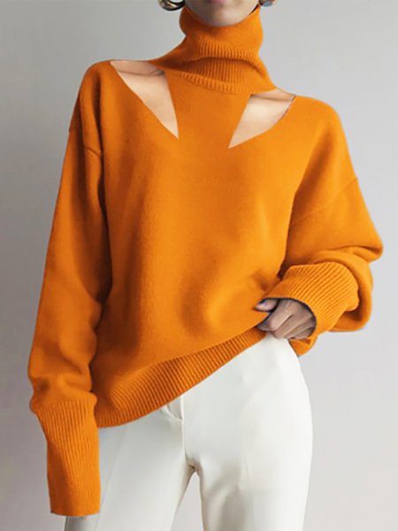 

Casual Shift Solid Long Sleeve Sweater, Orange, Pullovers