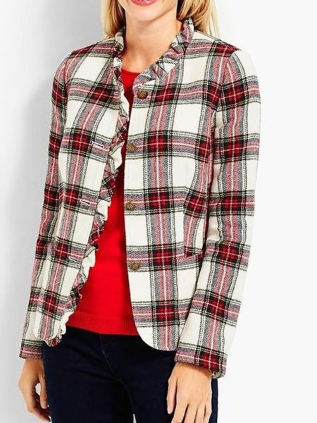 

Winter Simple Ruffle Collar Grid Mid-weight Long sleeve Work Formal Outerwear, As picture, Jackets