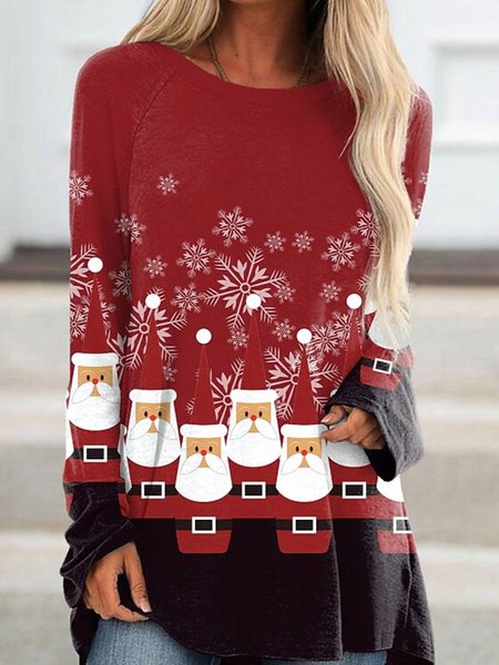 

Casual Long Sleeve Crew Neck Printed Top, Red, Tops