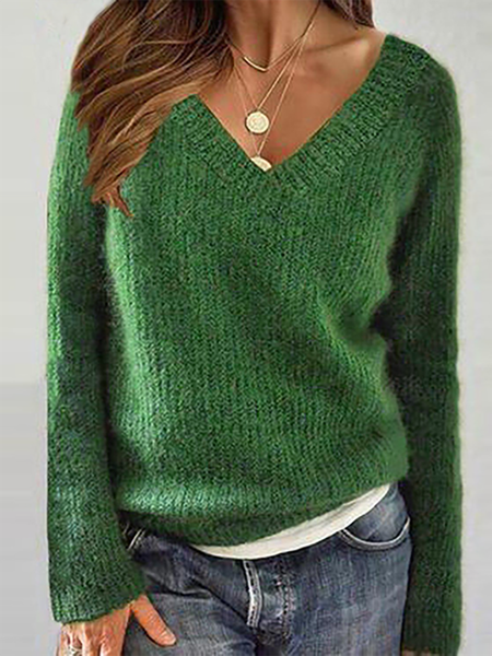 

Tinta Unita Casuale Scollo a V Maglione, Verde, Sweater