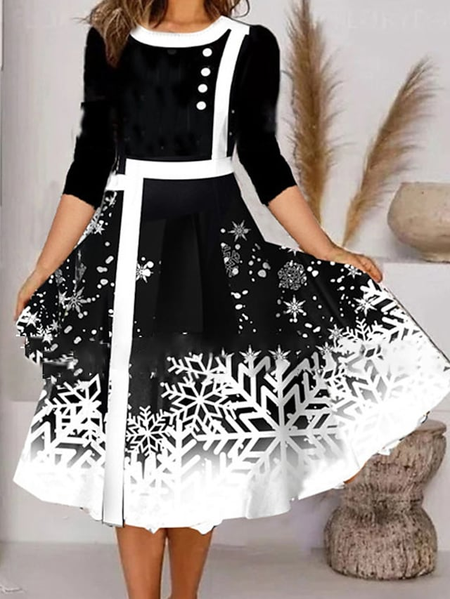 

Christmas Snowflake Casual Cotton Blends Long sleeve Dresses, Black, Midi Dresses