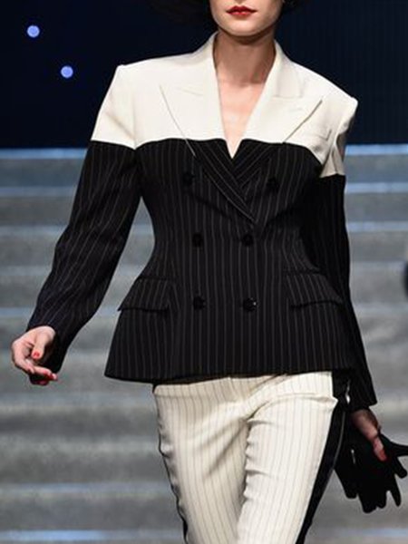 

Long Sleeve Lapel Striped Elegant Outerwear, Black-white, Blazers
