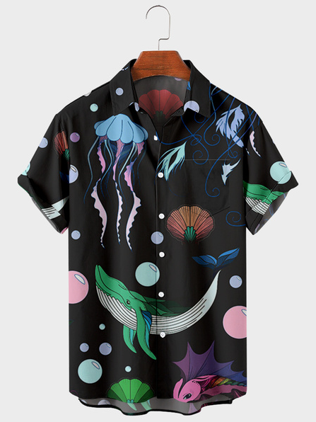 

Shirt Collar Vintage Short Sleeve Shirts, Black, Men's Floral shirt