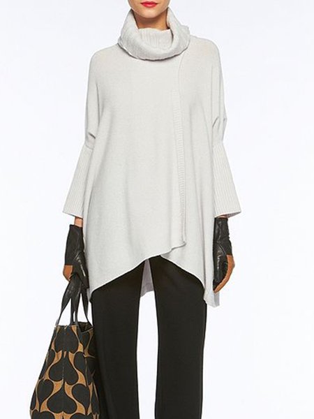 

High Neck Solid Casual Loosen Sweater, White, Pullovers