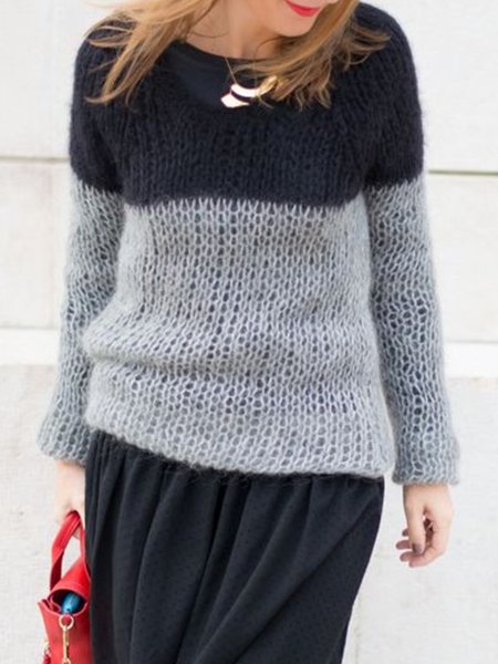

Long Sleeve Solid Crew Neck Sweater, Black-grey, Pullovers