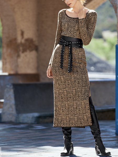 

Girocollo Vintage Cotone miscele Abito, Marrone, Maxi Dresses