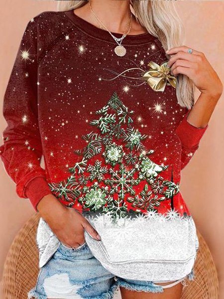 Starry Sky And Magic Christmas Tree Printed Casual Loosen Sweatshirt, Red, Hoodies & Sweatshirts