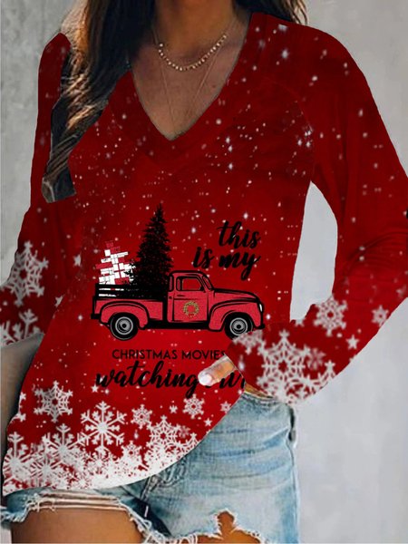 

Christmas Xmas Long Sleeve V Neck Plus Size Printed Tops T-shirts, Red, T-Shirts
