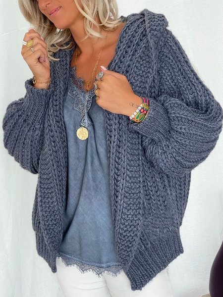 

Hooded Plain Acrylic Outerwear, Blue, Outerwear