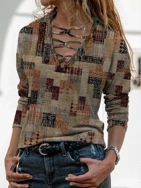 

V neck Geometric Vintage Shirts & Tops, Brown, T-Shirts