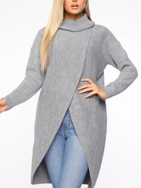 

Winter Md-long Simple Slightly stretchy Cowl neck Plain Sweater, Gray, Pullovers