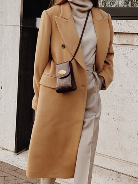 

White Khaki Closure Collar Vintage Loosen Overcoat, Coats & Jackets