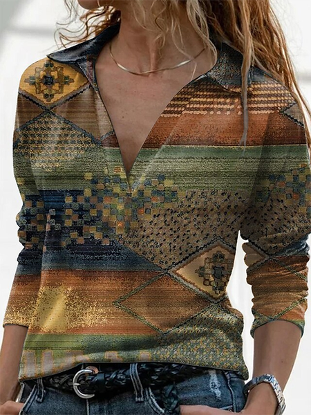 

Maniche Lunghe Scollo a V Casuale Stampato Top, Multicolore, T-Shirts