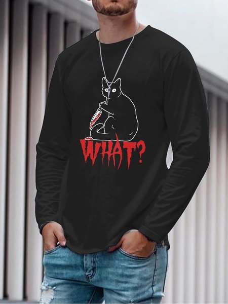 

Killer Cat Graphic Long Sleeve Casual Tee, Black, T-shirts