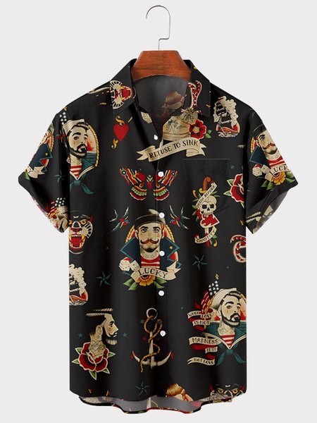 Mens Myth Printed Casual Breathable Short Sleeve Shirts, Black, Men's Floral shirt
