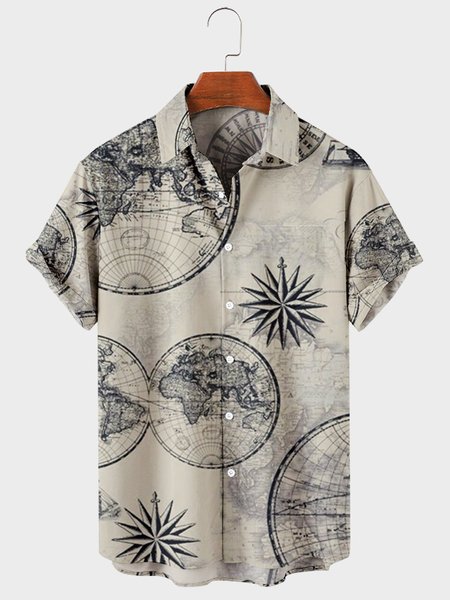 

Mens Map Printed Casual Breathable Short Sleeve Shirts, Khaki, Men's Floral shirt