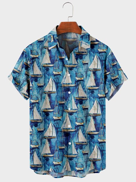 

Mens Sailboat Printed Casual Breathable Short Sleeve Shirts, Blue, Men's Floral shirt