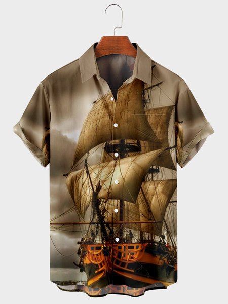 

Mens Sailboat Printed Casual Breathable Short Sleeve Shirts, Brown, Men's Floral shirt
