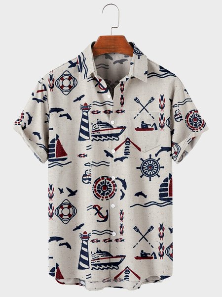 

Mens Navigation Anchor Lighthouse Printed Casual Breathable Short Sleeve Shirts, White, Men's Floral shirt