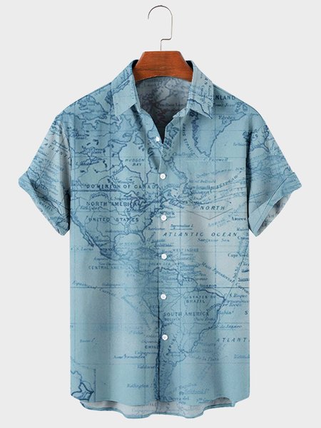 

Mens Navigation Map Printed Casual Breathable Short Sleeve Shirt, Blue, Shirts ＆ Blouse