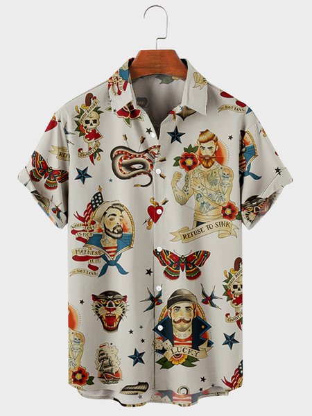 

Mens Sailboat Myth Events Printed Casual Breathable Short Sleeve Shirts, White, Men's Floral shirt