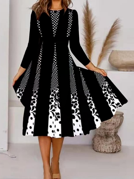 

Black-white Polka Dots Cotton Blends Casual Regular Fit Long sleeve Dresses, Midi Dresses