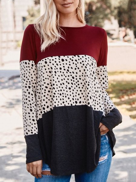 

Polka Dots Color Block Printed Casual Loosen Round Neck Shirts & Tops, Multicolor, Tops