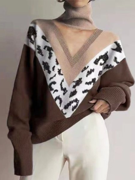 

Long Sleeve High Neck Leopard Casual Sweater, Brown, Pullovers