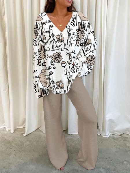 

V Neck Abstract Casual Suits, Khaki, Two-piece Outfits