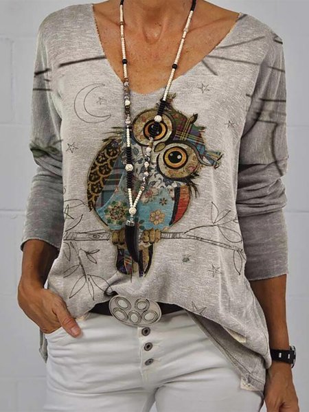 

Scollo a V Animale Gufo Stampato Cotone Lungo Maniche Camicie & Top, Come immagine, Blouses & Shirts