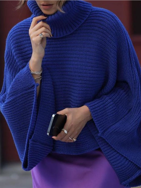 

Loosen Long sleeve High Neck Sweater, Blue, Pullovers