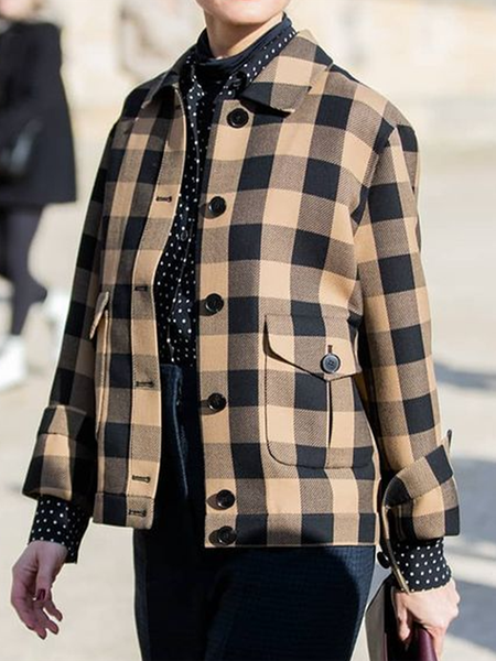 

Long sleeve Grid Vintage Lapel Outerwear, As picture, Jackets