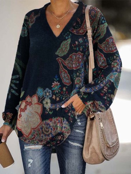 Casual Long Sleeve V Neck Printed Top, Purplish blue, Tops