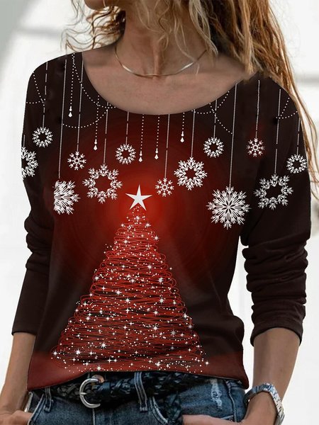 

Christmas Printed Round Neck Loosen Shirts & Tops, Red, Tops