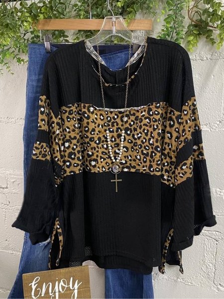 

Crew Neck Leopard Shirts & Tops, Black, Tops
