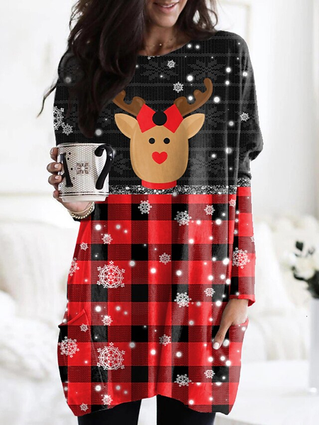 

Christmas Deer Casual Animal Regular Fit Cotton Blends Shirts & Tops, Black-red, Long sleeve tops
