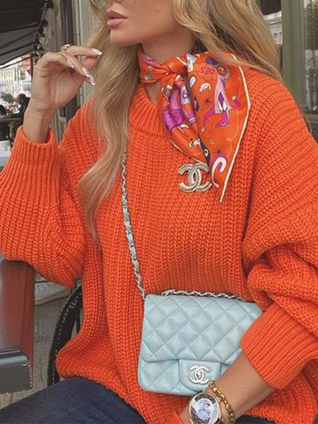 

Long Sleeve Daily Crew Neck Loosen Solid Sweater, Orange, Pullovers
