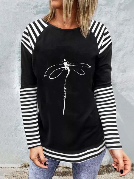 

Vintage Dragonfly Printed Color-block Striped Crew Neck Long Sleeves Plus Size Casual Tops, Black, T-Shirts