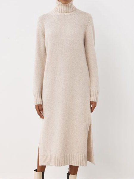 

Solid Elegant High Neck Regular Fit Dress, Apricot, Midi Dresses
