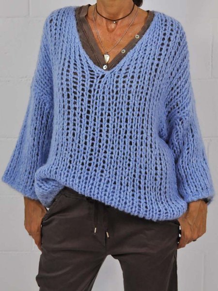 

Green Openwork Long Sleeve Solid Loosen Casual Sweater, Blue, Sweaters