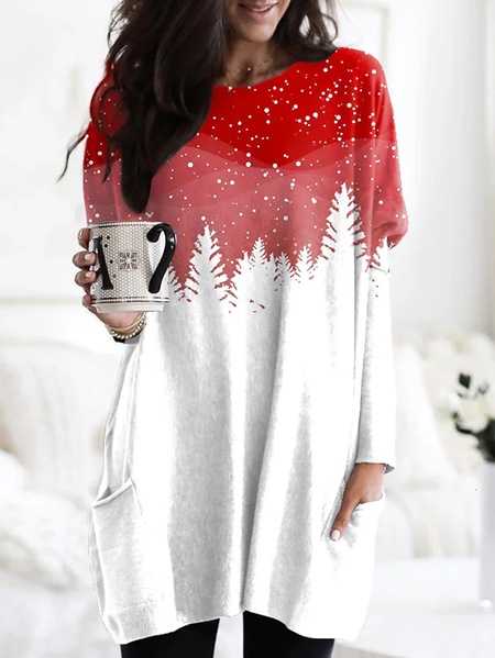 

Christmas tree Loosen Cotton Blends Crew Neck Shirts & Tops, White, Long sleeve tops