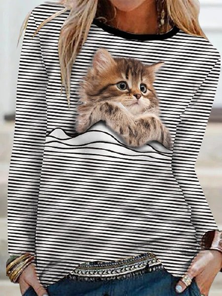 

Casual Stripe Cat Printed Long Sleeve Shirts & Tops, Tops