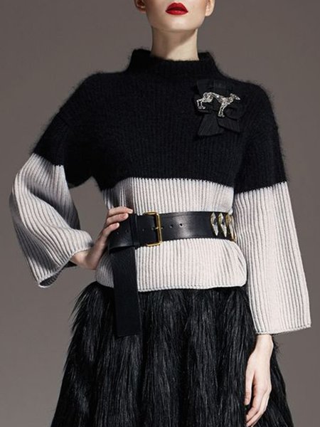 

Long Sleeve Solid High Neck Casual Sweater, Black, Pullovers