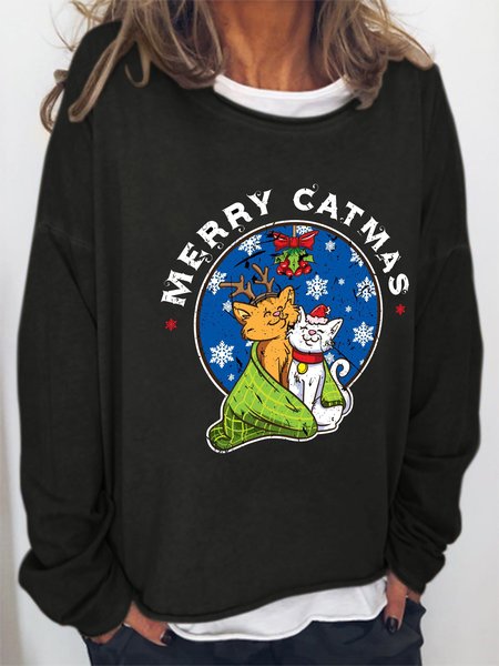 

Christmas cat print round neck long sleeve sweatshirt, Black, Hoodies&Sweatshirts