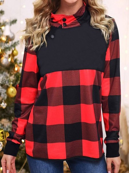 

Color-block Plaid Long Sleeves Plus Size Casual Tops, Black-red, Tops