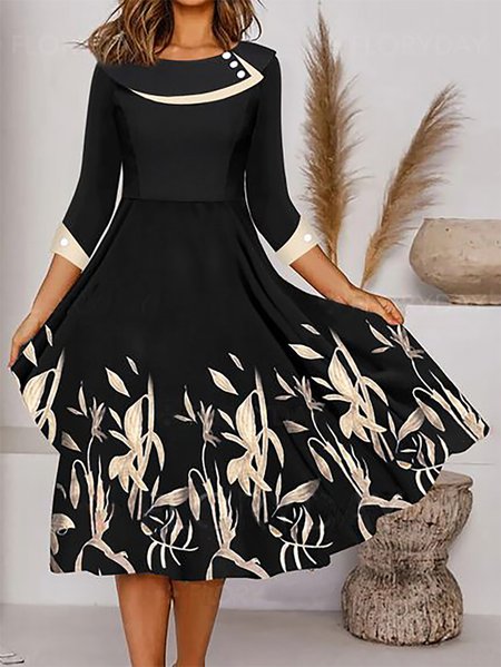 

Floral Tunic Round Neck Casual Midi Dresses, Black, Midi Dresses