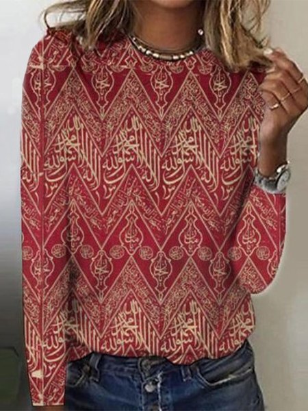 

Tribal Geometric Printed Long Sleeves Crew Neck Plus Size Casual Tops, Red, T-Shirts