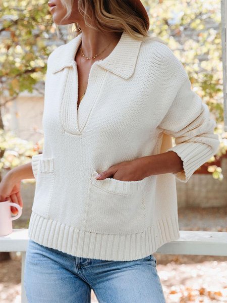 

Loosen Polo Simple Sweater with Pockets, White, Sweaters
